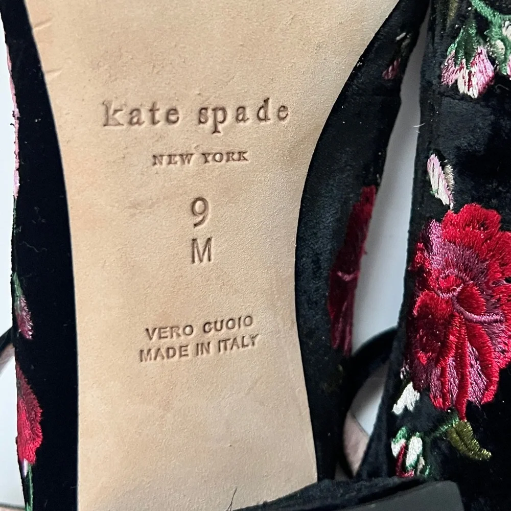 Kate Spade Black Velvet Floral Embroidered Block Heel Ankle-Strap Pumps 9 - Picture 7 of 8